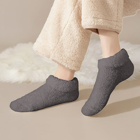 Outfmvch Socks for Women Thickened Floor Warm Slipper Socks for Women with Grippers Non Slip, Sherpa Lined Slipper Socks Fuzzy Socks for Women Non Slip Dark Gray One Size