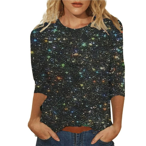 Outfmvch Sparkly Tops Plus Size Holiday Tops Workout Tops for Women Ribbed Tops for Women Carnival Mardi Gras Sequin Shirt Sparkly Blouses for Women Three Quarter Sleeve Tops Woman Black L