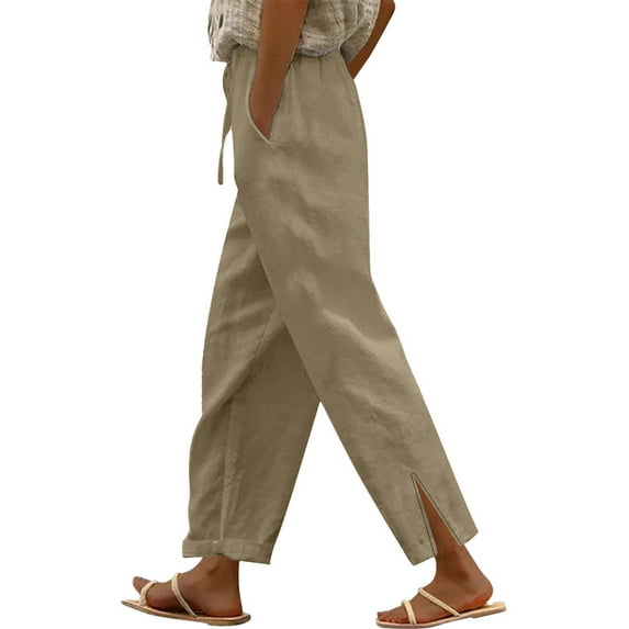 Outfmvch Straight Leg Linen Pants for Women,Palazzo Pants for Women,Gauze Pants for Women Casual Summer,Beach Vacation Clothes for Women,Petite Summer Pants,Plus Size Linen Pants for Women Khaki 3XL