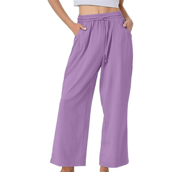 Outfmvch Summer Pants Barrel Pants Drawstring Wide Casual Women Summer Baggy Wide Flowy Pants with Pockets Khaki Pants Drawstring Pants Wide Leg Trousers Women Purple M