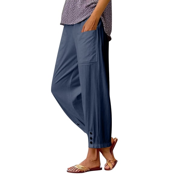 Outfmvch Summer Pants for Women Baggy Wide Linen Trousers Beach Wear Cotton Linen Barrel Pants Vacation Outfits Linen Pants Women Summer Relaxed Fit Beach Wear for Women Navy S