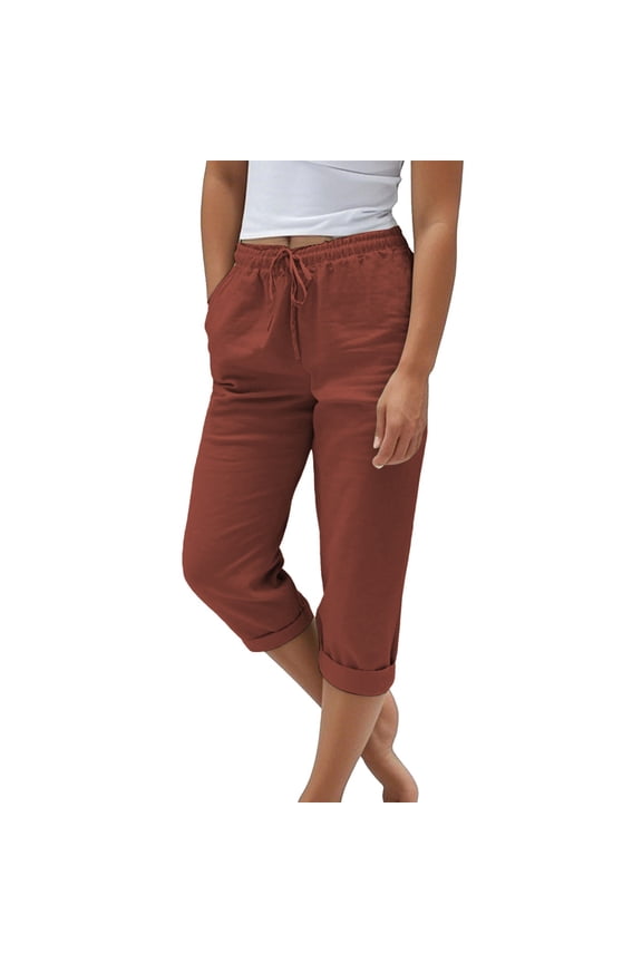 Summer Pants for Women Capris Drawstring with Pockets Paper Bag Pants Cotton Linen Pants Beach Pant Linen Palazzo Trousers Flowy Pants for Women Petite Capri Pants with Lace Side Brown S-3XL