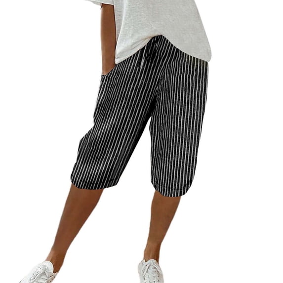 Outfmvch Summer Pants for Women Cotton Linen Pants Straight Wide Leg Linen Palazzo Trousers Paper Bag Pants Capris Drawstring with Pockets Gauze Pants Cropped Trouser Beach Pant Black S-2XL