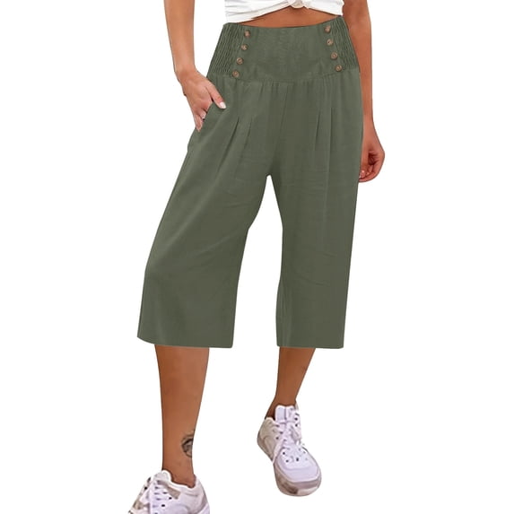 Outfmvch Summer Pants for Women Cropped Linen Pants Women Flowy Pants for Women Petite Cotton Linen Pants Summer Beach Vacation Cotton Linen Casual Summer Women High Waisted Wide Leg Army Green S-2XL