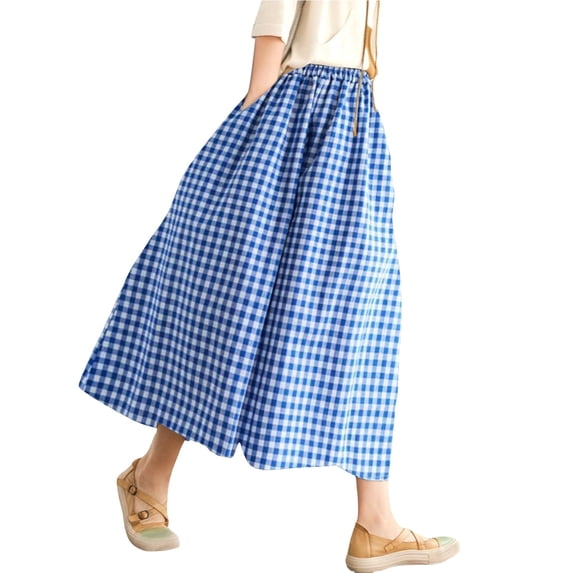 Outfmvch Summer Pants for Women Palazzo Pants with Pockets Loose Flowy Pants Yoga Capris with Pockets Capris Drawstring with Pockets Elastic Waist Cropped Trouser Cropped Linen Pants Women Blue L-5XL
