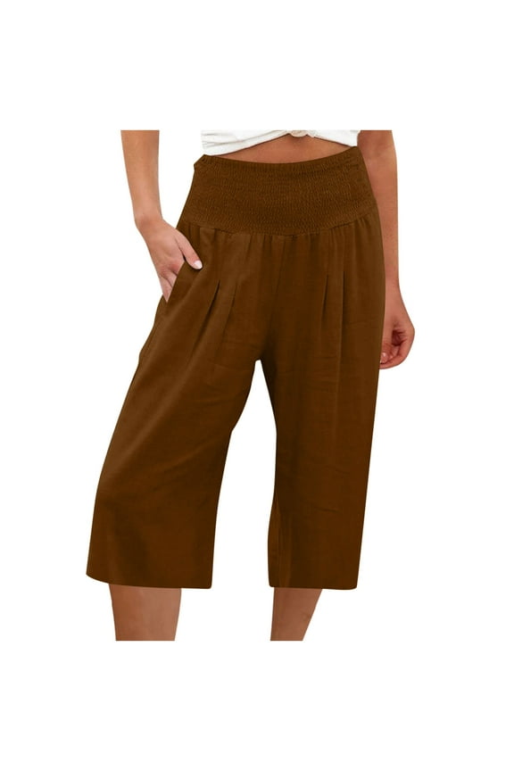 Summer Pants for Women Plus Size Elastic Waist Trousers Cotton Linen Casual Summer Palazzo Pants with Pockets Straight Wide Leg Flowy Pants for Women Petite Straight Wide Leg Brown M-3XL