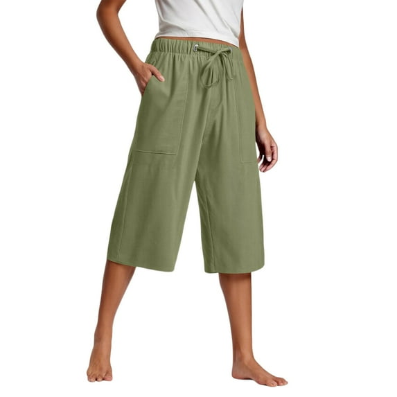 Outfmvch Summer Pants for Women Straight Wide Leg Cropped Linen Pants Women Yoga Capris with Pockets Wide Leg Capris Drawstring with Pockets Cotton Linen Pants Baggy Capris for Women Bronze S-5XL
