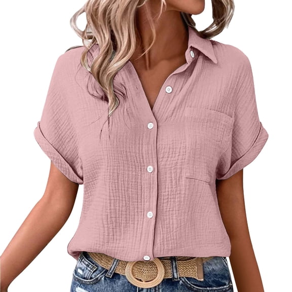 Outfmvch Summer Tops for Women Batwing Sleeve Pocket Patched Shirt Roll Up Casual Loose Fit Tunic Button Down Shirts Casual Work Dressy T Shirts Gauze Shirts for Womena1_pink S
