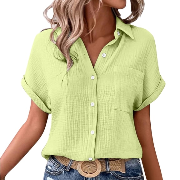 Outfmvch Summer Tops for Women Casual Loose Fit Tunic Button Down Shirts Double Layer Wrinkled Fabric Batwing Sleeve Pocket Patched Shirt Roll Up Loose Fit Tunicsa1_mint Green L