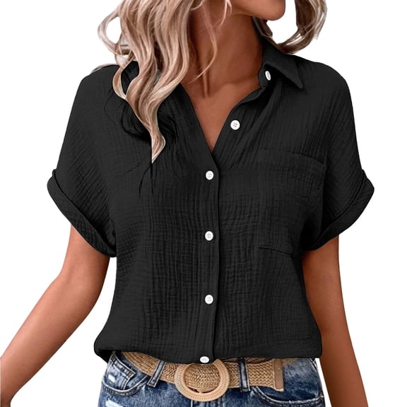 Outfmvch Summer Tops for Women Roll Up Casual Loose Fit Tunic Button Down Shirts Double Layer Wrinkled Fabric Everyday Versatile Comfort and Style Loose Fit Tunicsa1_black Xl
