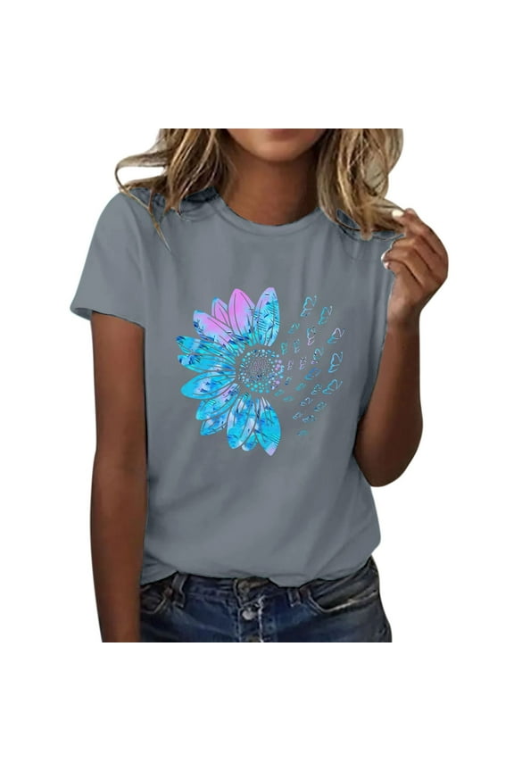 Sunflower & Butterfly Graphic T-Shirt, Short Sleeve Round Neck (Women's, L)
