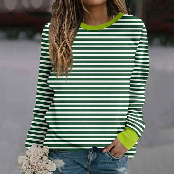 Outfmvch Sweaters for Women Womens Sweatshirt Women Sweatshirt Oversized Striped Crewneck â Long Sleeve 2024 Trendy Fall Fashion Pullover Preppy Clothes Hoodies for Women Z Green2 2Xl Sale