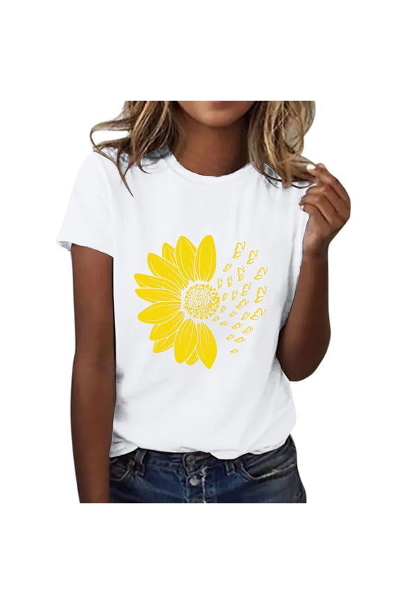 T Shirts for Women Floral Print Loose Summer Tops for Women Graphic Tee Sunflower Shirts for Women T Shirts for Women Summer Tops Sunflower Shirt T-shirts White L