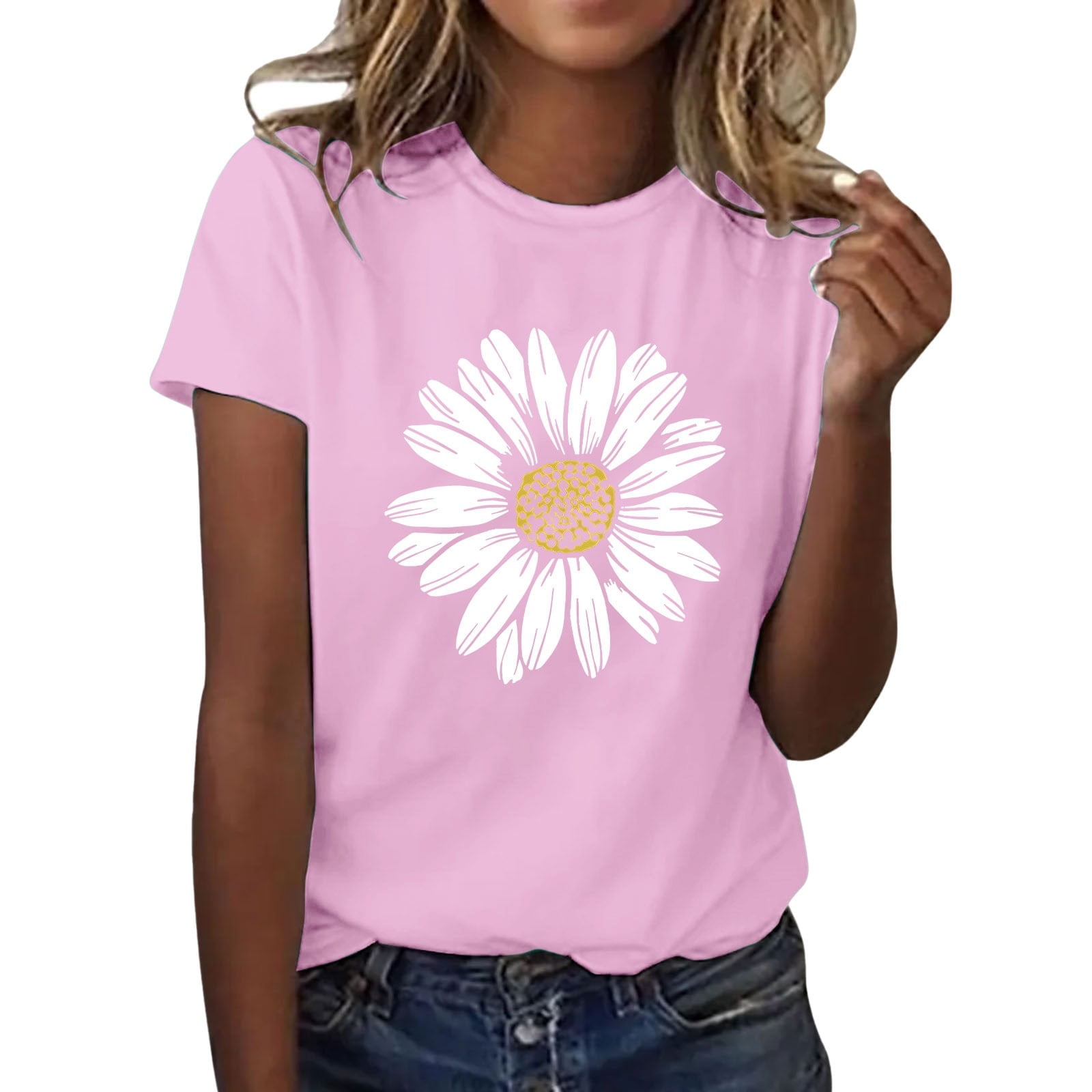 Outfmvch T Shirts for Women Short Sleeve Shirts for Women Graphic Tees Sunflower Butterfly Printed Shirt Short Sleeve Round Neck Outfit Clothes Workout Tops for Women Womens Tops 1PC Top Pink L