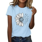 Outfmvch T Shirts for Women Short Sleeve Shirts for Women Graphic Tees Sunflower Butterfly Printed Shirt Short Sleeve Round Neck Outfit Clothes Workout Tops for Women Womens Tops 1PC Top Sky Blue XL