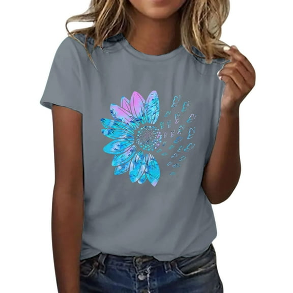 Outfmvch T Shirts for Women Short Sleeve Shirts for Women Graphic Tees Sunflower Butterfly Printed Shirt Short Sleeve Round Neck Outfit Clothes Workout Tops for Women Womens Tops 1PC Top Z1 Gray XL