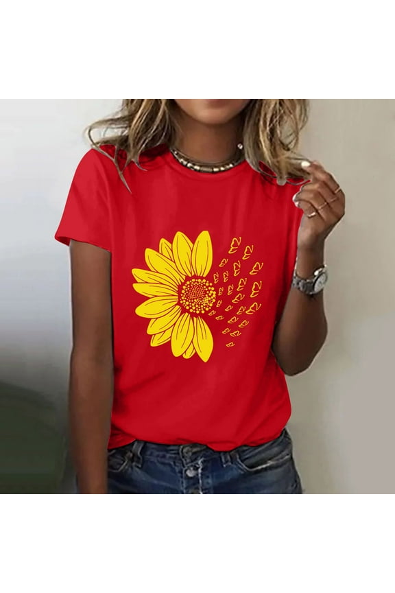 T Shirts for Women Short Sleeve Shirts for Women Graphic Tees Sunflower Butterfly Printed Shirt Short Sleeve Round Neck Outfit Clothes Workout Tops for Women Womens Tops 1PC Top Red 2Xl