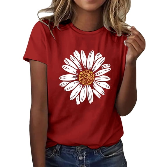 Outfmvch T Shirts for Women Short Sleeve Shirts for Women Graphic Tees Sunflower Butterfly Printed Shirt Short Sleeve Round Neck Outfit Clothes Workout Tops for Women Womens Tops 1PC Top Red M