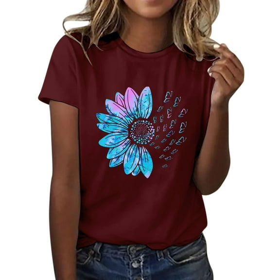 Outfmvch T Shirts for Women Short Sleeve Shirts for Women Graphic Tees Sunflower Butterfly Printed Shirt Short Sleeve Round Neck Outfit Clothes Workout Tops for Women Womens Tops 1PC Top Z1 XL