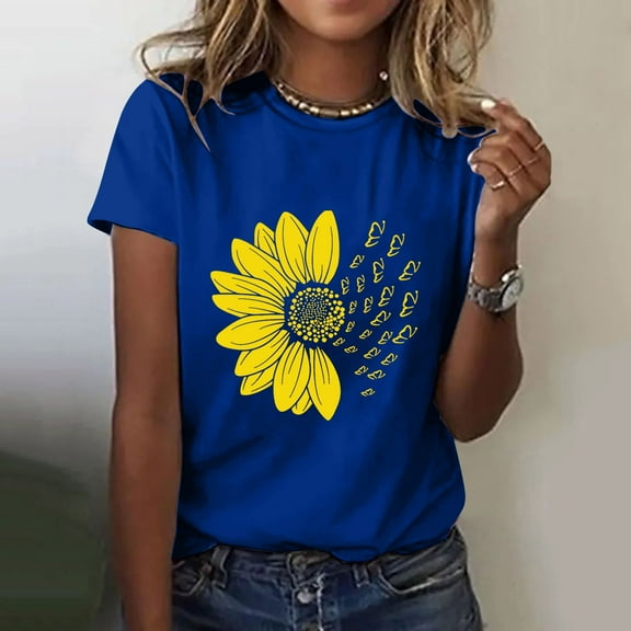 Outfmvch T Shirts for Women Short Sleeve Shirts for Women Graphic Tees Sunflower Butterfly Printed Shirt Short Sleeve Round Neck Outfit Clothes Workout Tops for Women Womens Tops 1PC Top Blue Xl