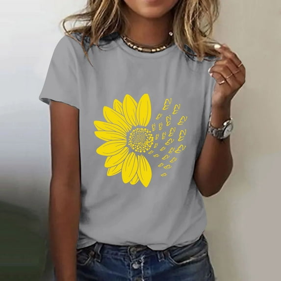 Outfmvch T Shirts for Women Short Sleeve Shirts for Women Graphic Tees Sunflower Butterfly Printed Shirt Short Sleeve Round Neck Outfit Clothes Workout Tops for Women Womens Tops 1PC Top Gray Xl