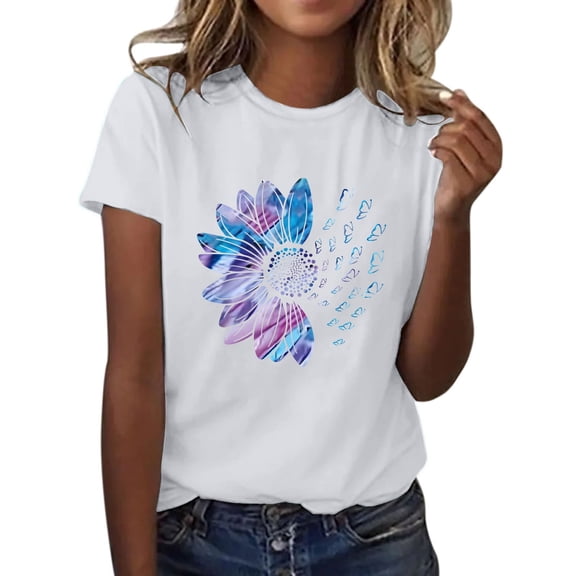Outfmvch T Shirts for Women Short Sleeve Shirts for Women Graphic Tees Sunflower Butterfly Printed Shirt Short Sleeve Round Neck Outfit Clothes Workout Tops for Women Womens Tops 1PC Top Z1 White L