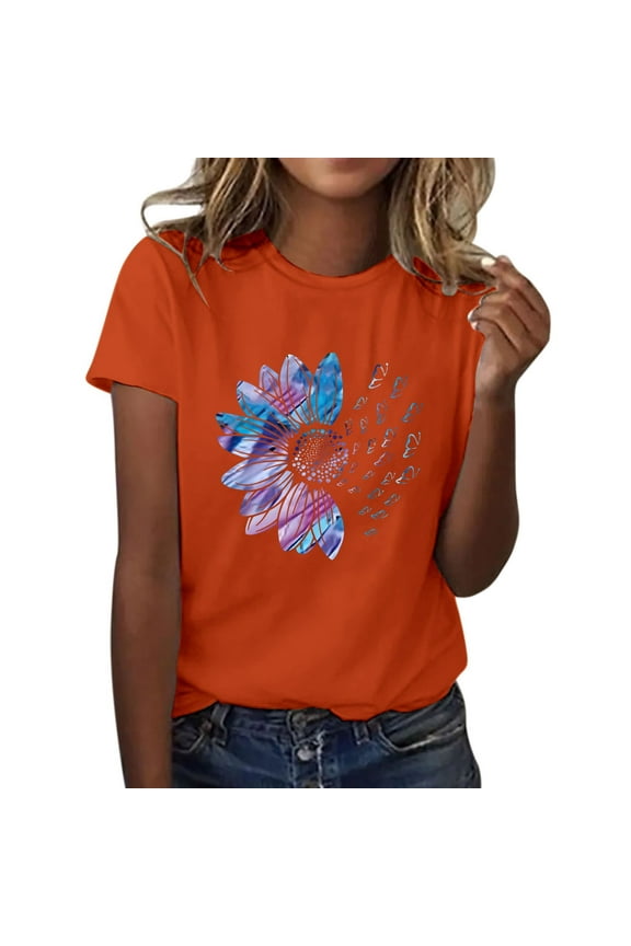 T Shirts for Women Short Sleeve Shirts for Women Graphic Tees Sunflower Butterfly Printed Shirt Short Sleeve Round Neck Outfit Clothes Workout Tops for Women Womens Tops 1PC Top Z1 Orange S
