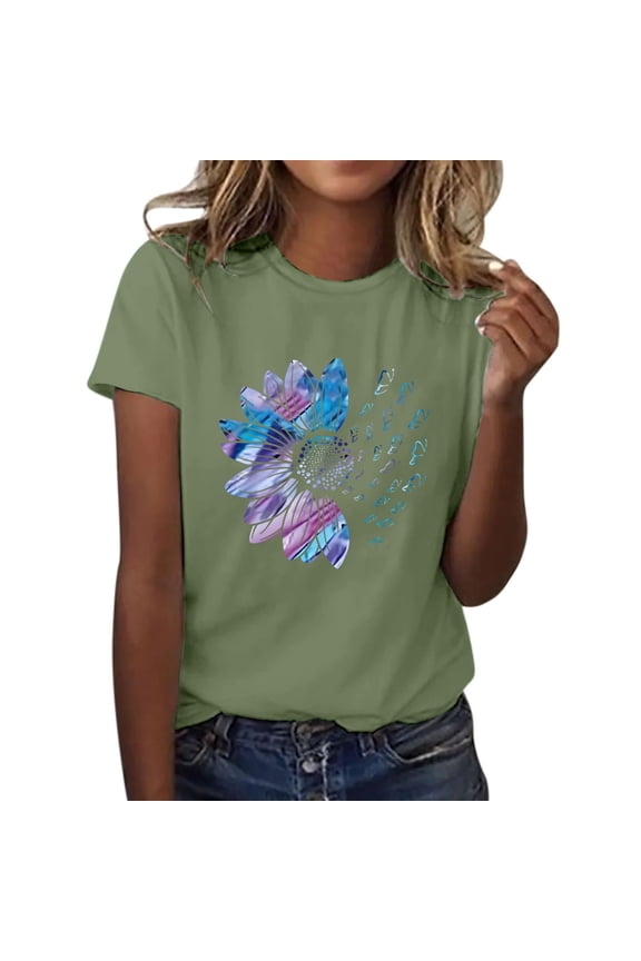 T Shirts for Women Short Sleeve Shirts for Women Graphic Tees Sunflower Butterfly Printed Shirt Short Sleeve Round Neck Outfit Clothes Workout Tops for Women Womens Tops 1PC Top Z1 Green S