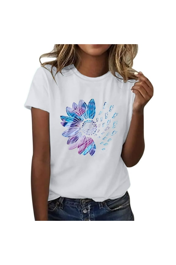 T Shirts for Women Short Sleeve Shirts for Women Graphic Tees Sunflower Butterfly Printed Shirt Short Sleeve Round Neck Outfit Clothes Workout Tops for Women Womens Tops 1PC Top Z1 White M