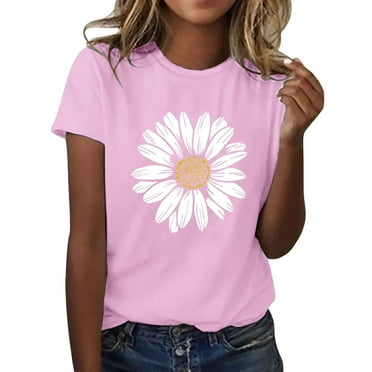 Outfmvch T Shirts for Women Short Sleeve Shirts for Women Graphic Tees Sunflower Butterfly Printed Shirt Short Sleeve Round Neck Outfit Clothes Workout Tops for Women Womens Tops 1PC Top Pink L
