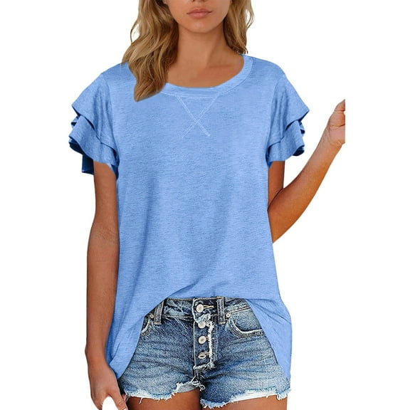 Outfmvch T Shirts for Women Short Sleeve Shirts for Women Trendy Ruffle Sleeve Tops Summer Blouse O-Neck Solid Cute Tunic Shirt Womens Summer Tops Blue XXL