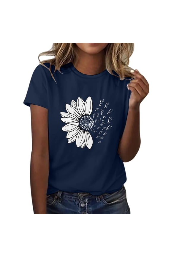 T Shirts for Women Short Sleeve Top T-shirts Crop Tops for Women Crew Neck Womens Printed T Shirts Tunic Blouses T Shirts for Women Basic Tees for Women Blue L