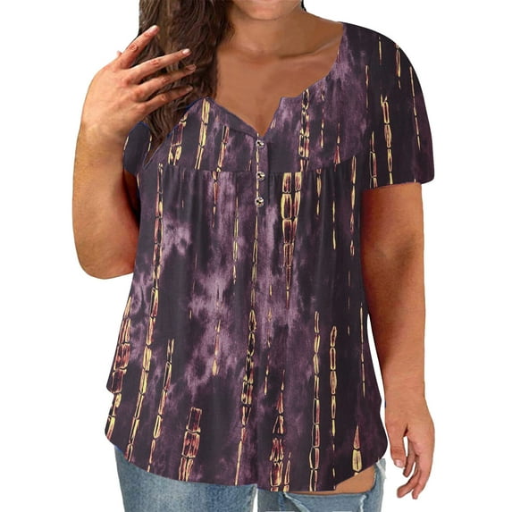 Outfmvch T Shirts for Women Ladies Plus Size Summer Loose Tie Dye Striped Print Crew Neck Button Down Short Sleeve Womens Tops Purple