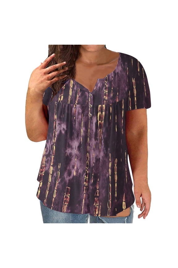 T Shirts for Women Ladies Plus Size Summer Loose Tie Dye Striped Print Crew Neck Button Down Short Sleeve Womens Tops Purple