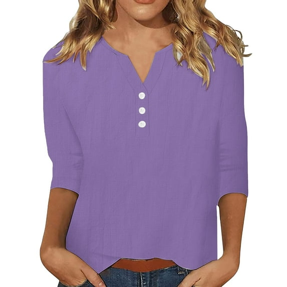 Outfmvch T-shirts for Women,Cropped T Shirts,Pink Clothes,3/4 Sleeve Cotton Linen Blouses Led Top T Shirt Solid Color Comfy Tops 2025 Tunic Top,Quilted Pullover Women,Long Sleeve Tops Hot Pink XL