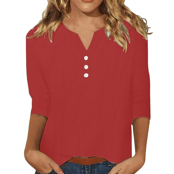 Outfmvch T-shirts for Women,Cropped T Shirts,Red Tops for Women,3/4 Sleeve Cotton Linen Blouses Led Top T Shirt Solid Color Comfy Tops 2025 Tunic Top,Quilted Pullover Women,Long Sleeve Tops Red 3XL
