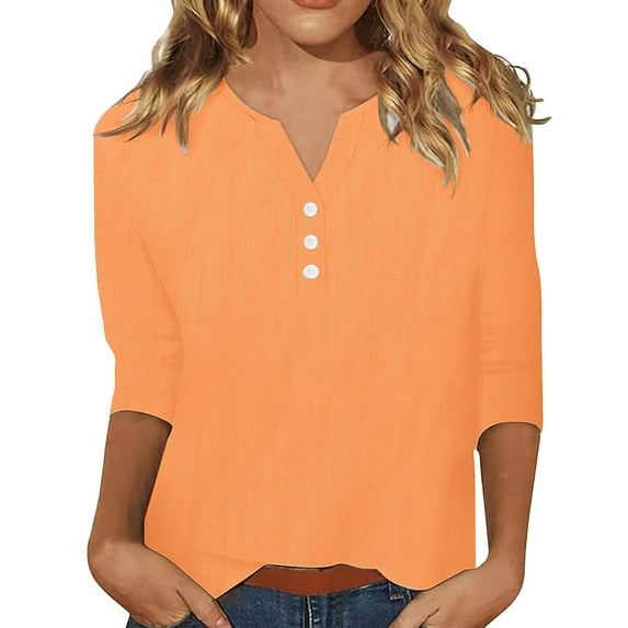 Outfmvch T-shirts for Women,Cropped T Shirts,Workout Tops for Women,3/4 Sleeve Cotton Linen Blouses Led Top T Shirt Comfy Tops 2025 Tunic Top,Quilted Pullover Women,Long Sleeve Tops Orange 3XL