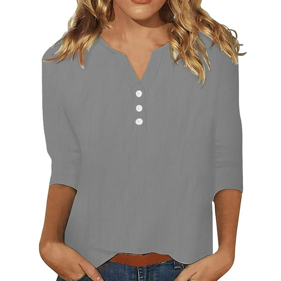 Outfmvch T-shirts for Women,Cropped T Shirts,Workout Tops for Women,3/4 Sleeve Cotton Linen Blouses Led Top T Shirt Solid Color Comfy Tops 2025 Tunic Top,Quilted Pullover Women,Long Sleeve Tops Gray L