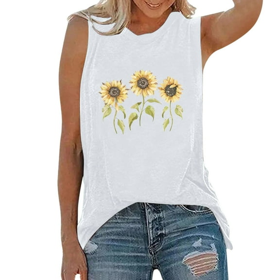 Outfmvch Tank Tops Halter Top Women Sunflower Print Activewear Tank Tops Sleeveless Yoga Workout Tank Tops Loose Fit Running Exercise Graphic T Shirt Crop Tops White S