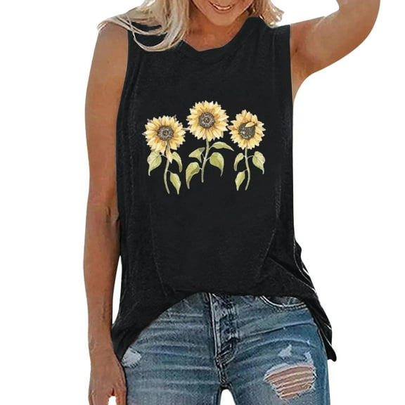 Outfmvch Tank Tops Halter Top Women Sunflower Print Activewear Tank Tops Sleeveless Yoga Workout Tank Tops Loose Fit Running Exercise Graphic T Shirt Crop Tops Black S