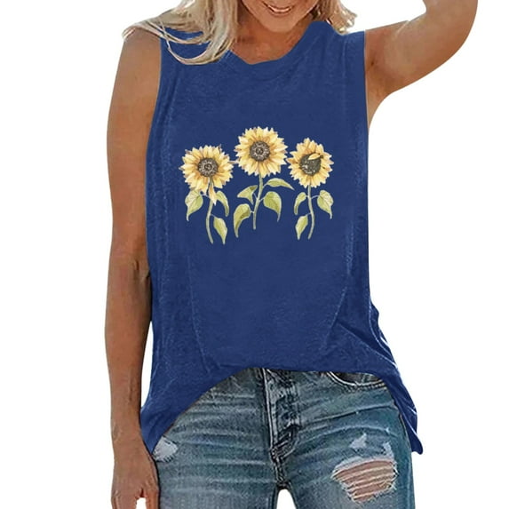 Outfmvch Tank Tops Halter Top Women Sunflower Print Activewear Tank Tops Sleeveless Yoga Workout Tank Tops Loose Fit Running Exercise Graphic T Shirt Crop Tops Navy L