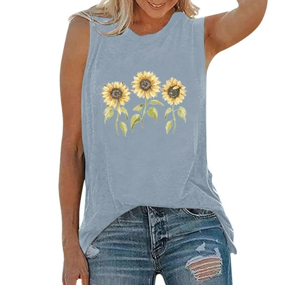 Outfmvch Tank Tops Halter Top Women Sunflower Print Activewear Tank Tops Sleeveless Yoga Workout Tank Tops Loose Fit Running Exercise Graphic T Shirt Crop Tops Gray 2Xl