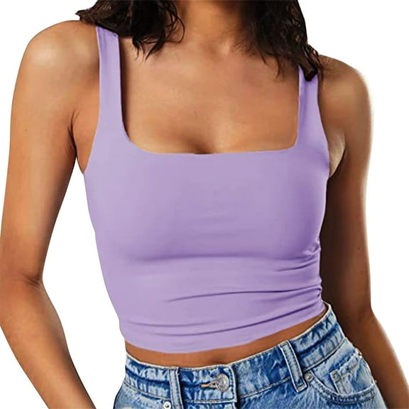 Outfmvch Tank Tops for Women square neck tank top women Basic Slim Fit Shirts flowy tank tops for women built in bra tank Ribbed Square Neck Tank Tops Basic Backless Sleeveless Shirts Z1 Purple S
