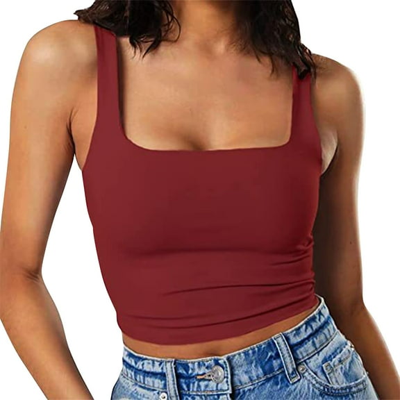 Outfmvch Tank Tops for Women square neck tank top women red tube top long tank tops for women ruched tops for women Ribbed Square Neck Tank Tops Basic Backless Sleeveless Shirts Z1 Red 3 XL