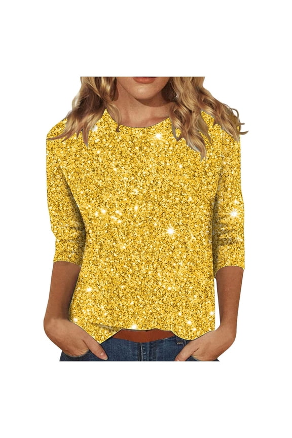 Tee Shirts Womens Sparkly Sequin T-shirts Red V-Neck Long Sleeve Pullover Womens Spring Blouses A1 Yellow S-3XL