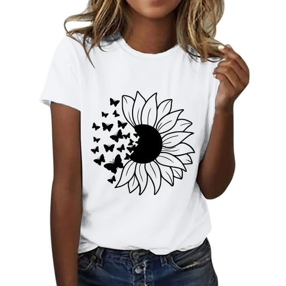 Outfmvch Tops for Women Trendy Spring Tops for Women 2024 Womens Tops Shirts for Women Sunflower Summer T Shirt Plus Size Loose Blouse Short Sleeve Graphic Casual Tees Polyester Spandex White L