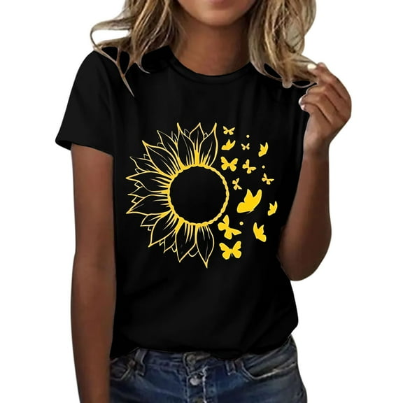 Outfmvch Tops for Women Trendy Spring Tops for Women 2024 Womens Tops Shirts for Women Sunflower Summer T Shirt Plus Size Loose Blouse Short Sleeve Graphic Casual Tees Polyester Spandex Black L