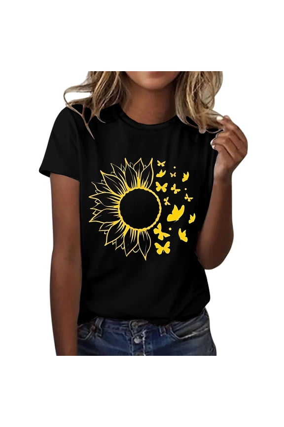 Tops for Women Trendy Spring Tops for Women 2024 Womens Tops Shirts for Women Sunflower Summer T Shirt Plus Size Loose Blouse Short Sleeve Graphic Casual Tees Polyester Spandex Black L