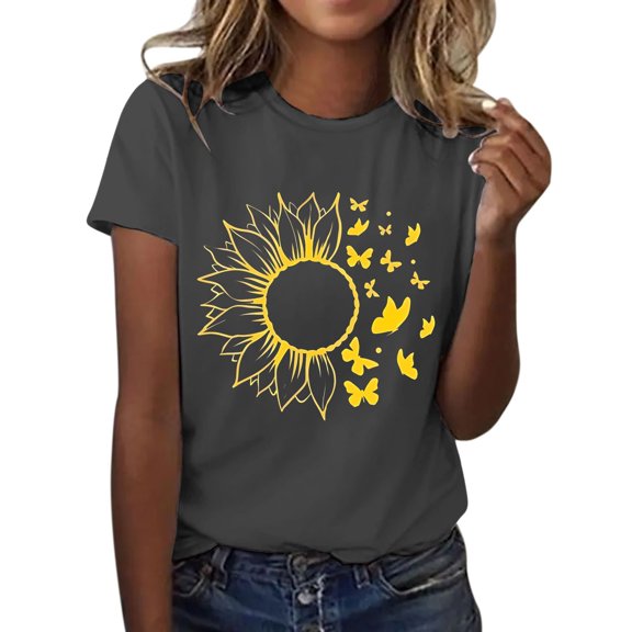 Outfmvch Tops for Women Trendy Spring Tops for Women 2024 Womens Tops Shirts for Women Sunflower Summer T Shirt Plus Size Loose Blouse Short Sleeve Graphic Casual Tees Polyester Spandex Dark Gray L