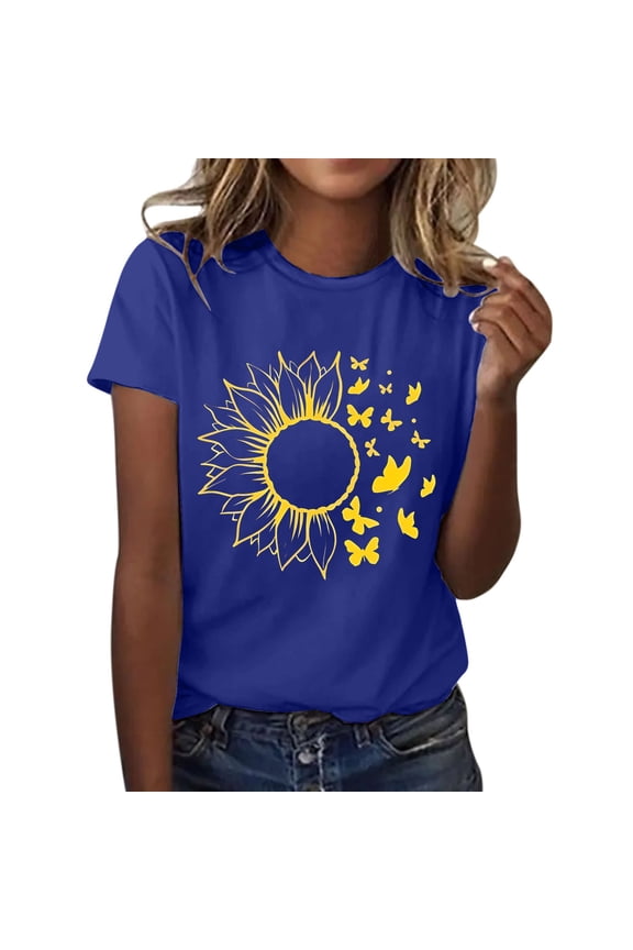 Tops for Women Trendy Spring Tops for Women 2024 Womens Tops Shirts for Women Sunflower Summer T Shirt Plus Size Loose Blouse Short Sleeve Graphic Casual Tees Polyester Spandex Blue L